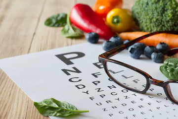 a pair of reading glasses on a Snellen chart with colorful vegetables