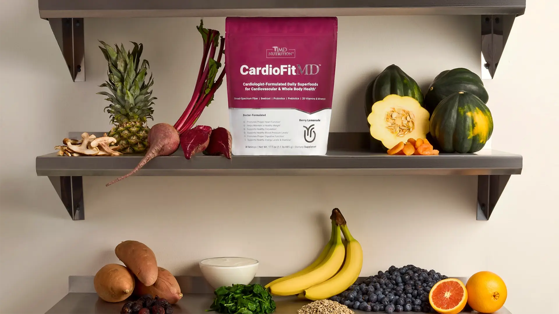1MD Nutrition's CardioFitMD on a shelf with some of its ingredients